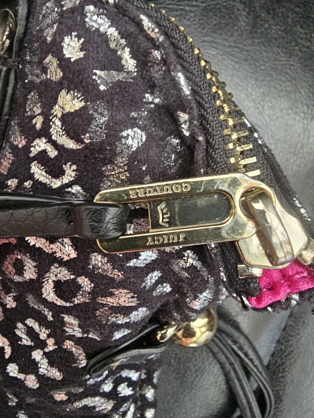 Juicy Couture Black and Silver Leopard Print Tote Bag with Gold Accents